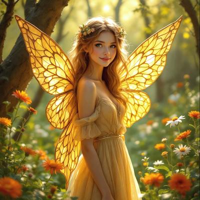 Primary subject: A woman dressed as a fairy, wearing a yellow dress and holding a butterfly wing.

Setting/background: A forest filled with flowers, creating a beautiful and magical atmosphere.

Visual style: Digital art

Colors and mood: The image is bright and colorful, with a cheerful and whimsical mood.